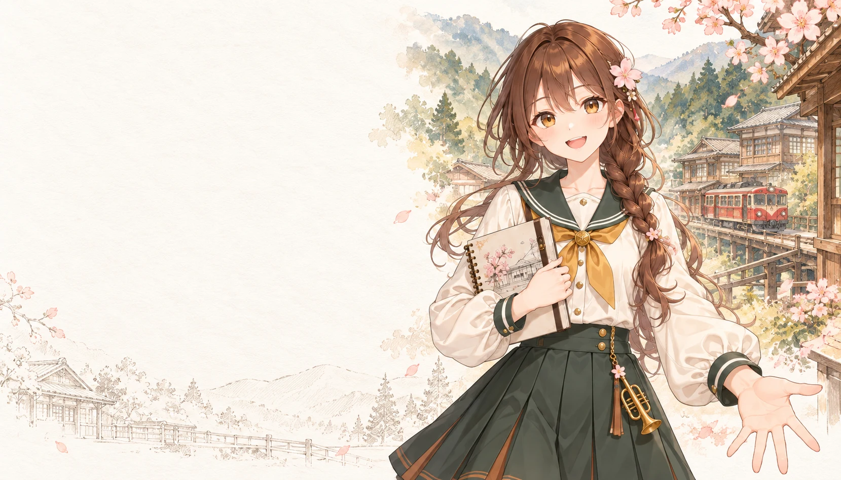 桃音抱著素描本，身旁是木屋、山林與紅色小火車的嘉義意象插畫